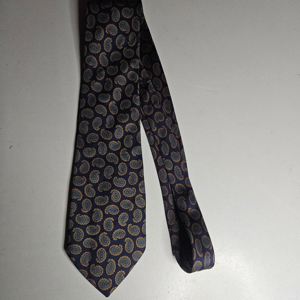 Liberty of London Mens Silk Tie Blue Gold Paisley Made England Classic Necktie